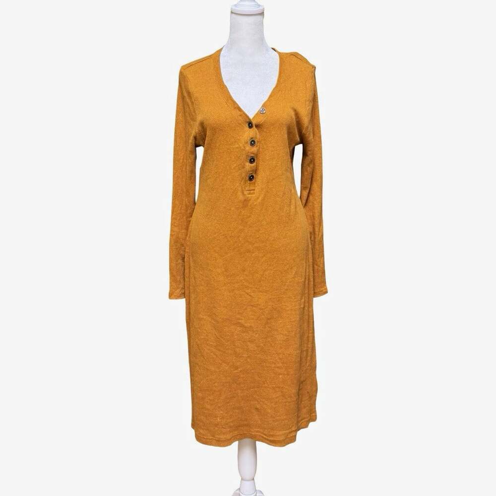 DKNY Jeans Brown Knit V-Neck Button Henley Midi T-Shirt Dress Long Sleeve L